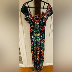 Flying Tomato Tropical Floral V-Neck Maxi Jumpsuit in Green and Pink